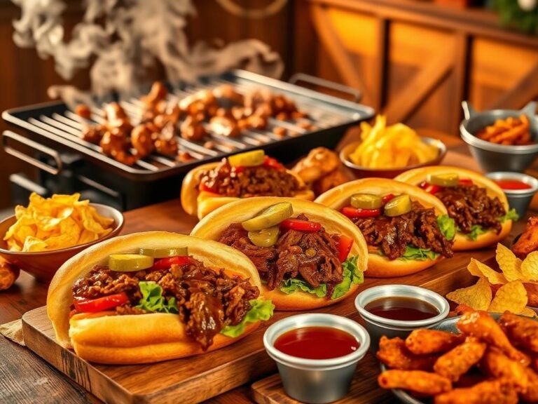 Flick International A rustic wooden table laden with Smothered Beef Po' Boys and Super Bowl snacks