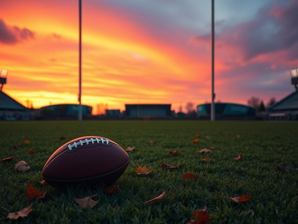 Flick International A serene football field at dusk with goalposts silhouetted against an orange and purple sky