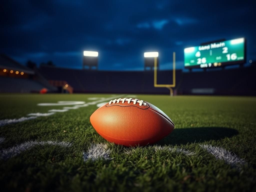 Flick International Close-up of a well-worn football on a twilight field with a glowing stadium