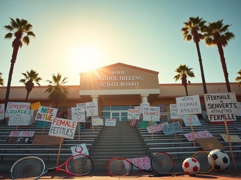 Flick International Colorful hand-painted protest signs advocating for trans athletes' rights at a California school board meeting