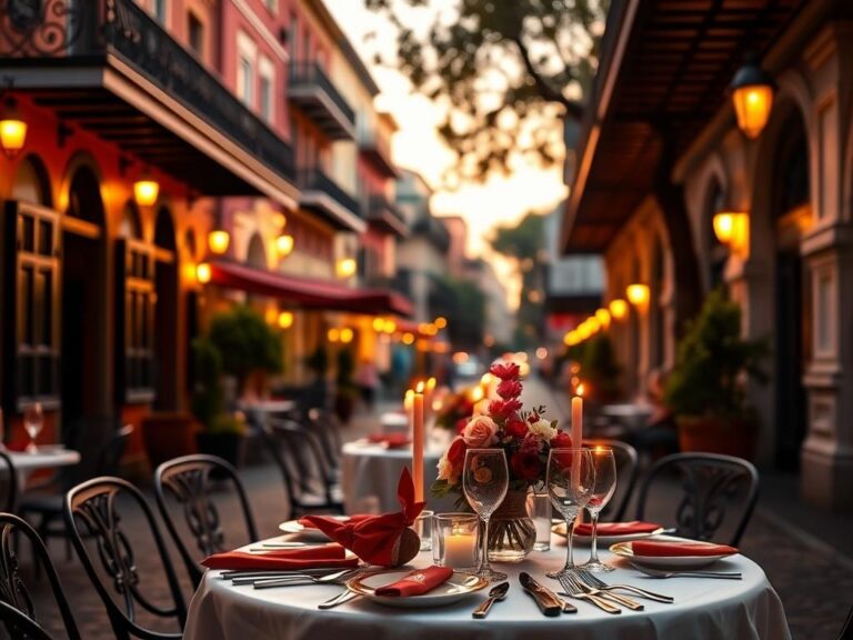 Flick International Elegant outdoor dining scene in New Orleans with high-end dinnerware and romantic ambiance