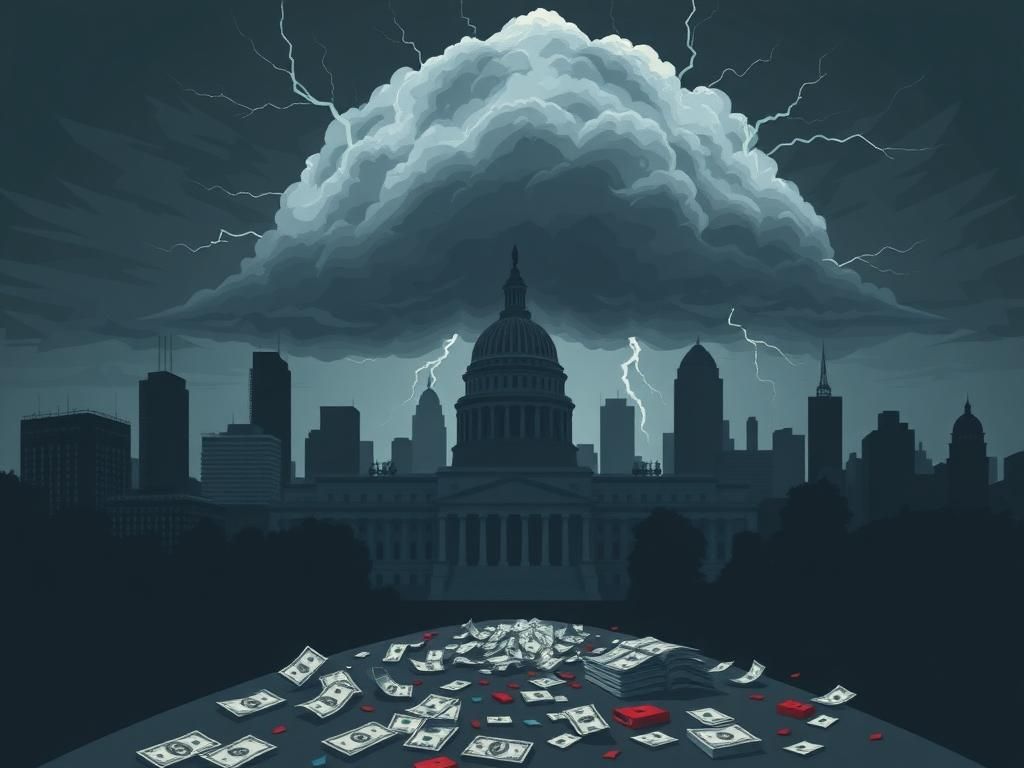 Flick International Illustration of a city skyline with a government building silhouette and storm clouds, symbolizing political tension and wasteful spending