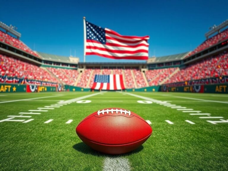 Flick International A football resting on vibrant turf with a large American flag in the background during Super Bowl LIX preparations