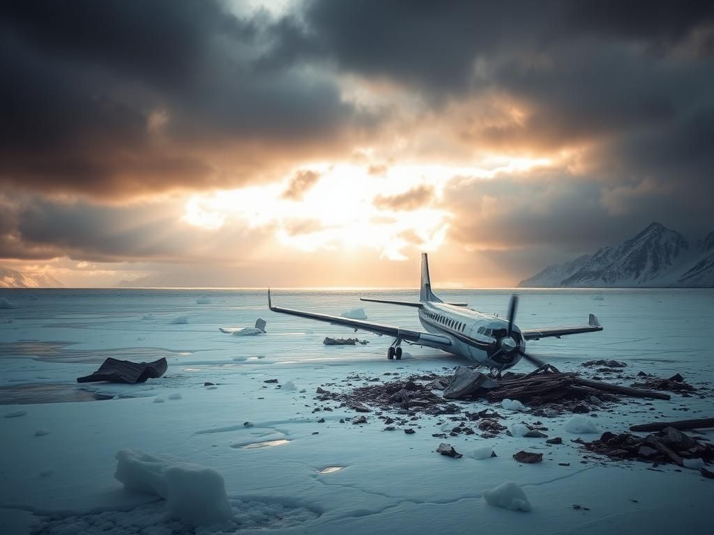 Flick International Wreckage of a commuter plane partially submerged in sea ice along Alaska's rugged coastline