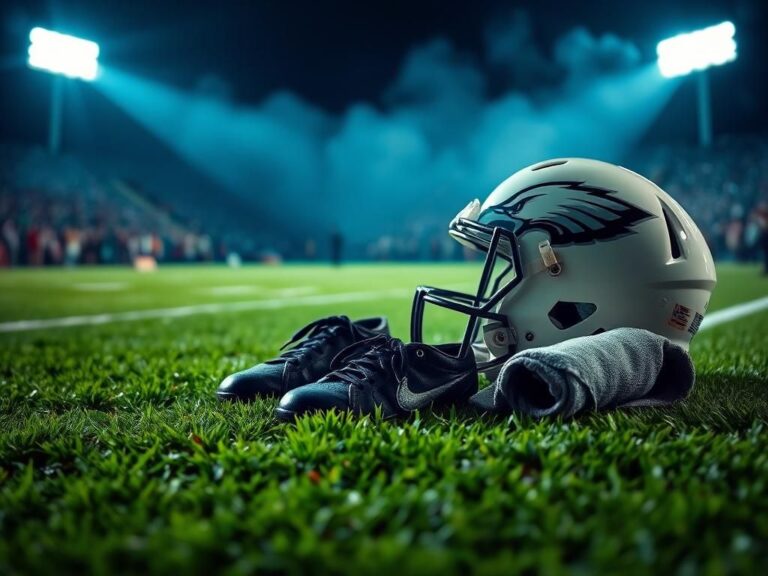 Flick International A pair of worn football cleats resting on the sidelines of a football field under stadium lights.