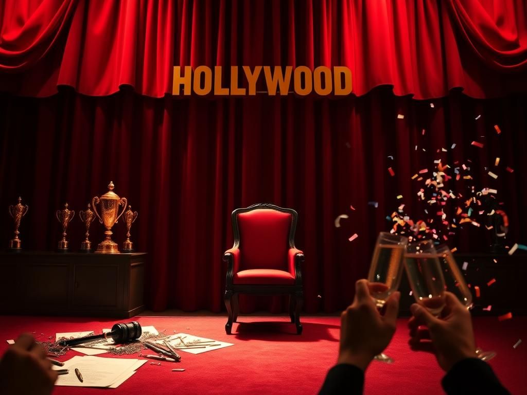 Flick International Dimly lit Hollywood awards stage with empty spotlighted seat and chaotic courtroom scene