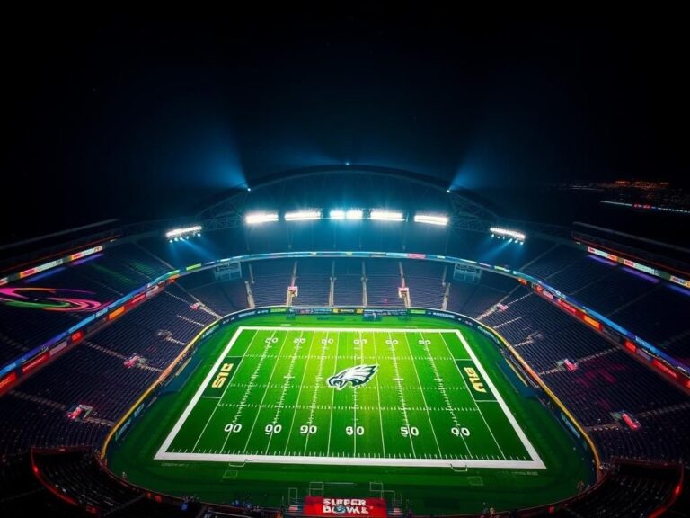 Flick International Aerial view of the illuminated Caesars Superdome at night showcasing the field ready for Super Bowl LIX