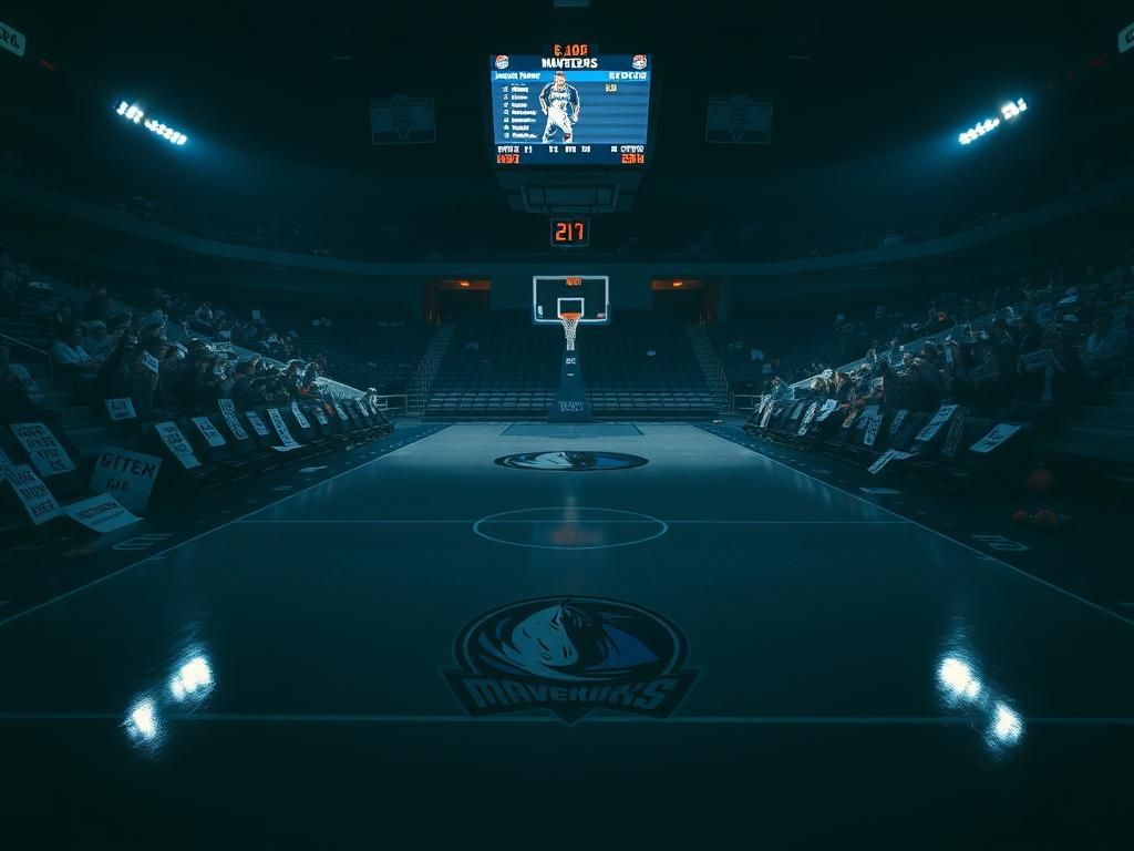 Flick International Close-up of an empty basketball court with a Mavericks logo, highlighting the atmosphere after Anthony Davis's injury
