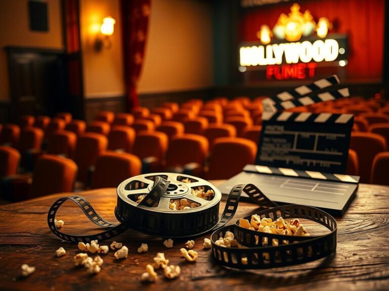 Flick International Vintage film reel on a rustic table with popcorn and a clapperboard