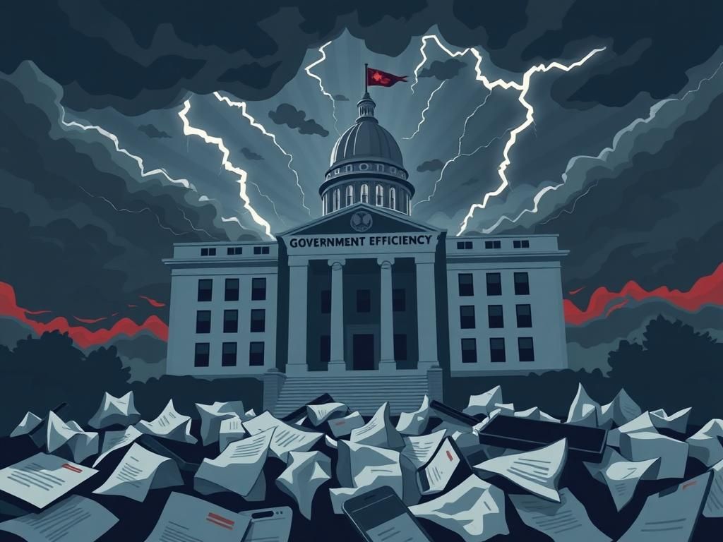 Flick International Abstract representation of a government building surrounded by stormy clouds depicting tension and controversy