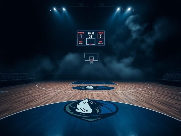 Flick International Dimly lit basketball court with empty Mavericks bench