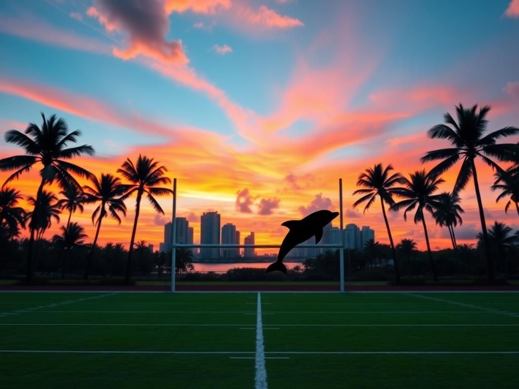 Flick International Panoramic view of Miami skyline at sunset with football field representing the Dolphins