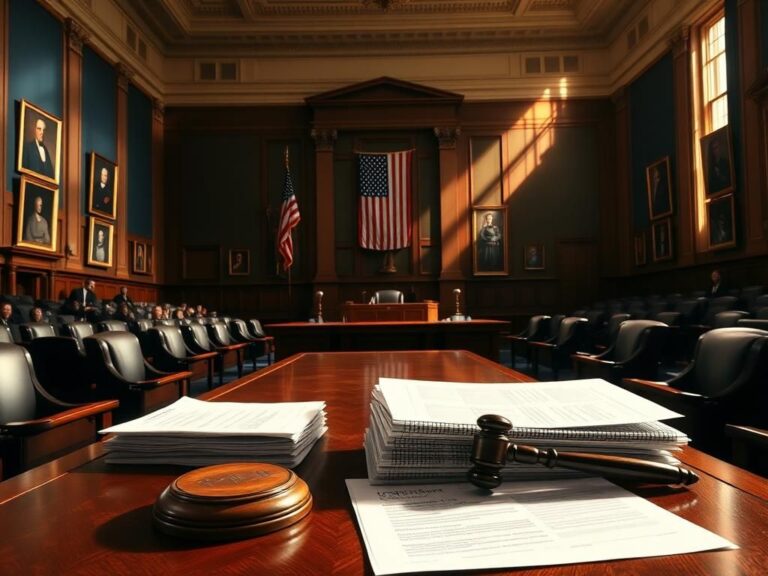 Flick International Empty Senate hearing room with imposing wooden table and darkened chairs