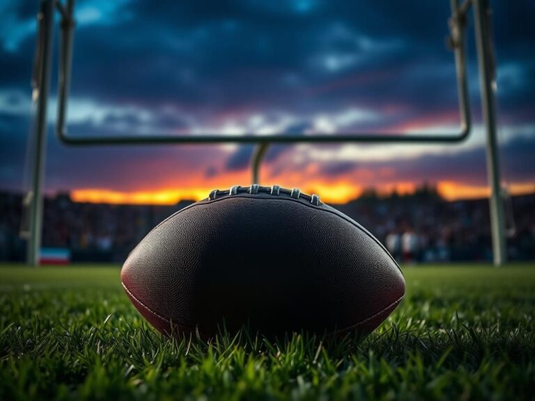 Flick International Dramatic close-up of a football on a grassy field with stadium silhouettes in the background