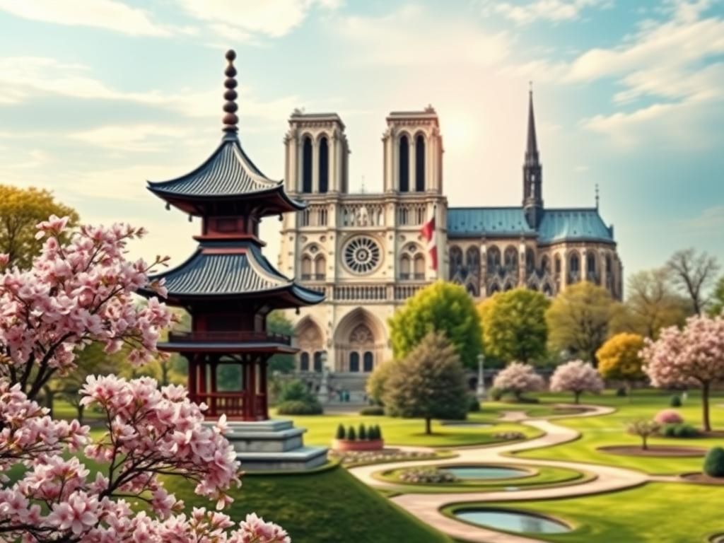 Flick International Serene landscape with a traditional Japanese pagoda and Gothic cathedral