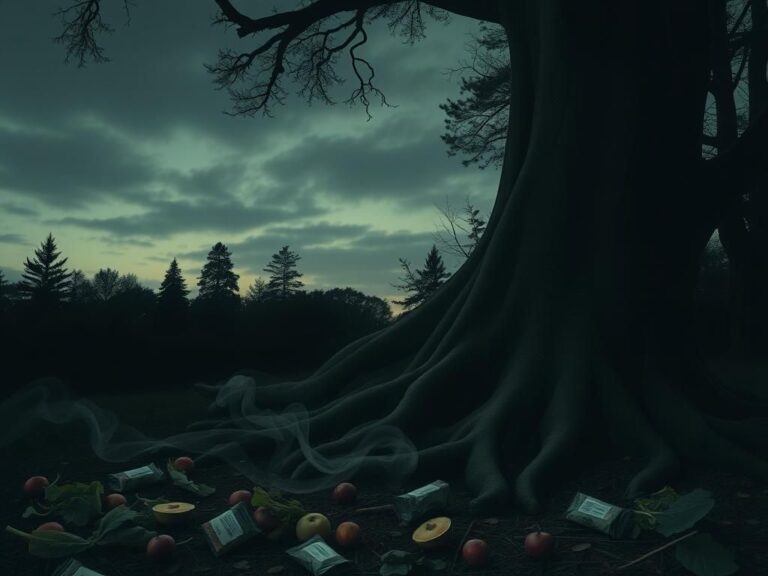 Flick International A dark forest scene at twilight with shadowy trees and mysterious food items symbolizing a vegan cult