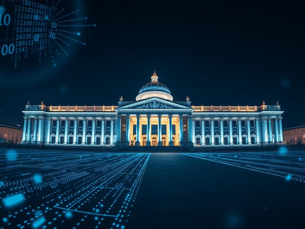 Flick International Panoramic view of the Grand Palais in Paris illuminated at night with digital circuit patterns