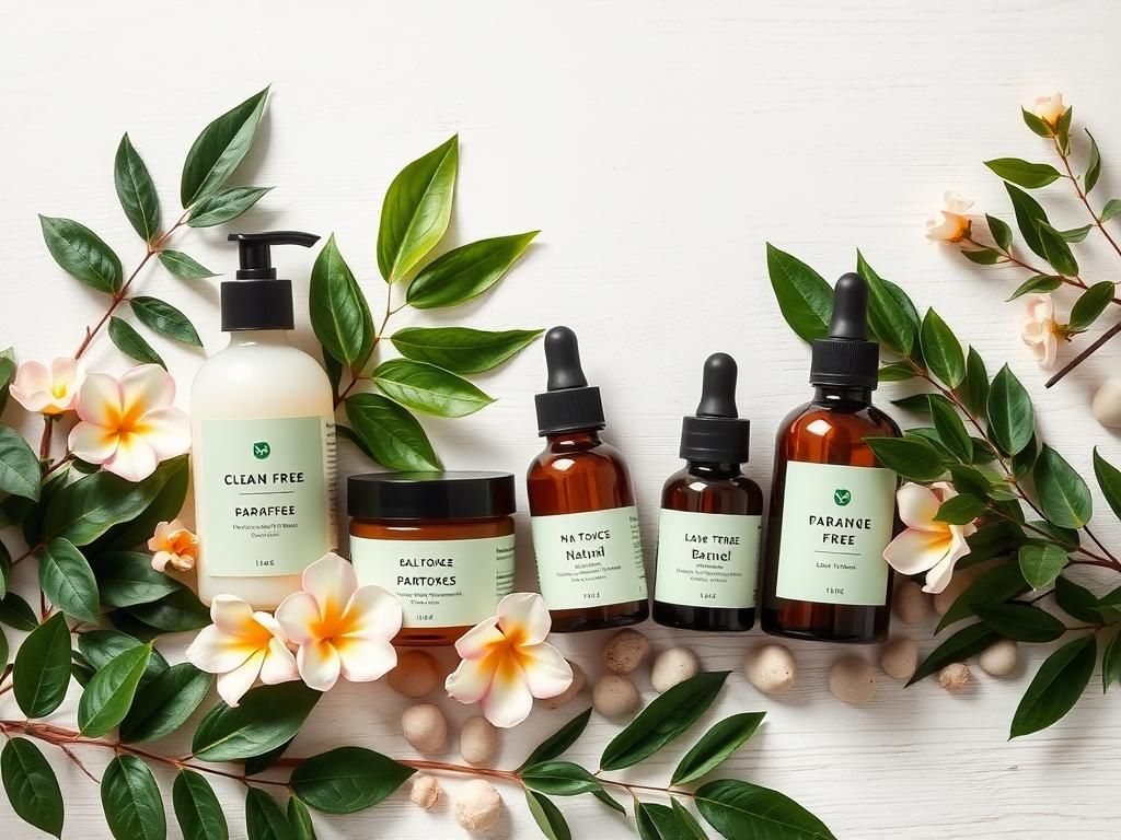 Flick International A serene tabletop display of clean beauty products amidst natural elements