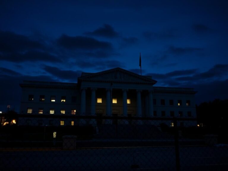 Flick International Nighttime view of a government building for immigration enforcement with floodlights illuminating its facade and a chain-link fence in the foreground.