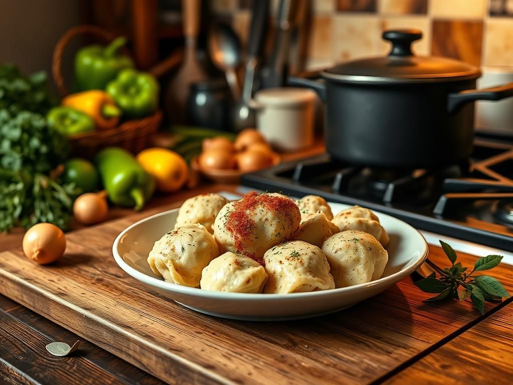 Flick International A beautifully arranged plate of chicken and dumplings in a warm kitchen