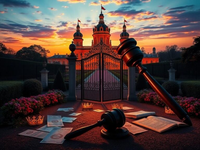 Flick International A luxurious royal castle at sunset with ornate gates and scattered insignias