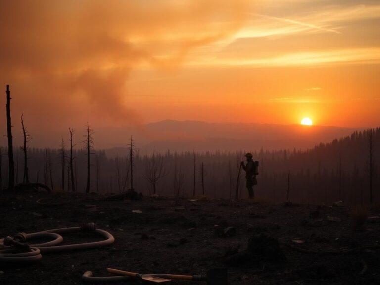 Flick International A dramatic landscape showing a scorched forest with burned trees and a vibrant sunset.