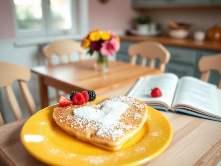 Flick International A heart-shaped pancake on a cheerful plate representing love and togetherness in a cozy kitchen setting