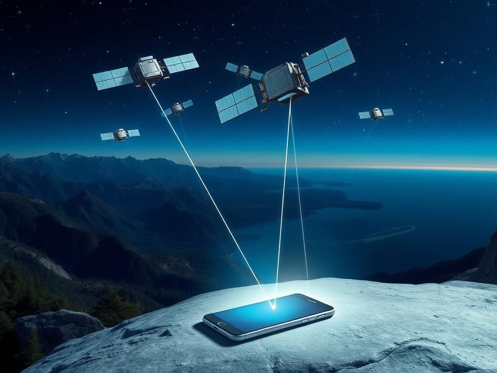 Flick International Futuristic landscape with satellites above picturesque terrain and smartphone