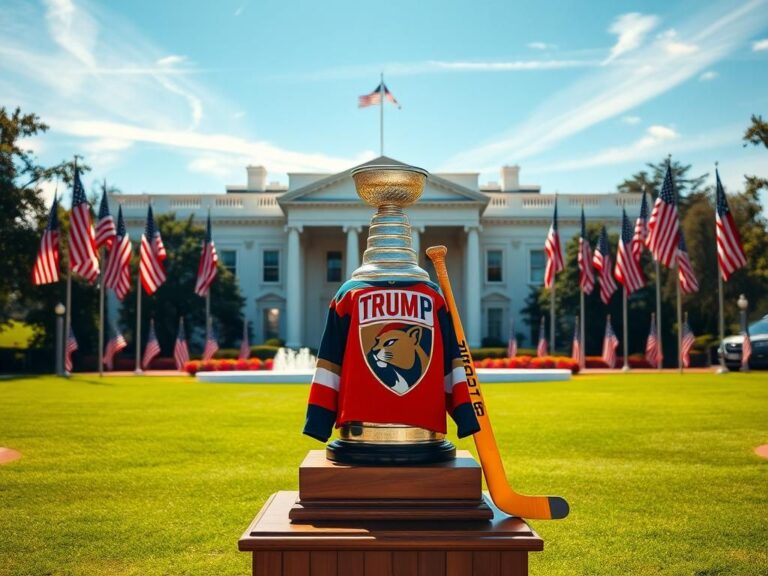 Flick International A majestic view of the White House lawn with a Stanley Cup trophy and American flags