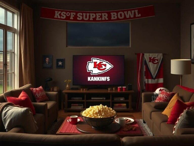 Flick International Cozy living room decorated for Super Bowl party with Kansas City Chiefs theme