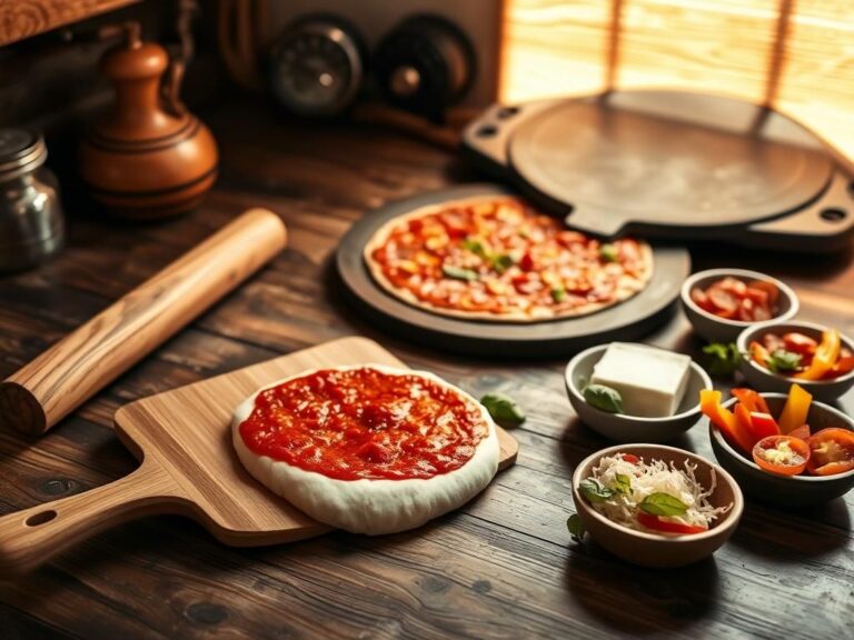 Flick International Rustic kitchen setup for pizza-making with fresh dough and ingredients