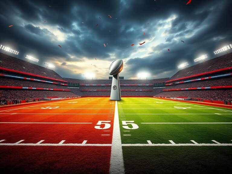 Flick International Dramatic football field with vibrant team colors representing Chiefs and Eagles under a stormy sky