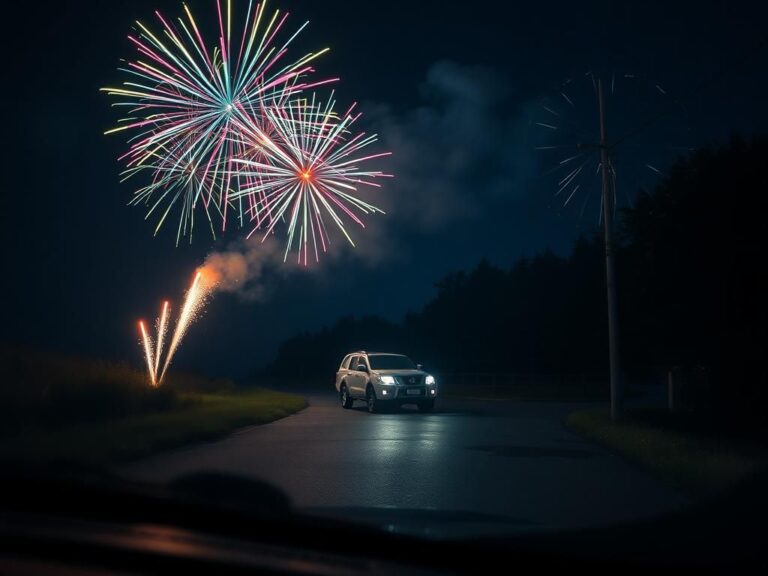 Flick International Nighttime scene of a pickup truck firing Roman candle fireworks on a dark road during a road rage incident