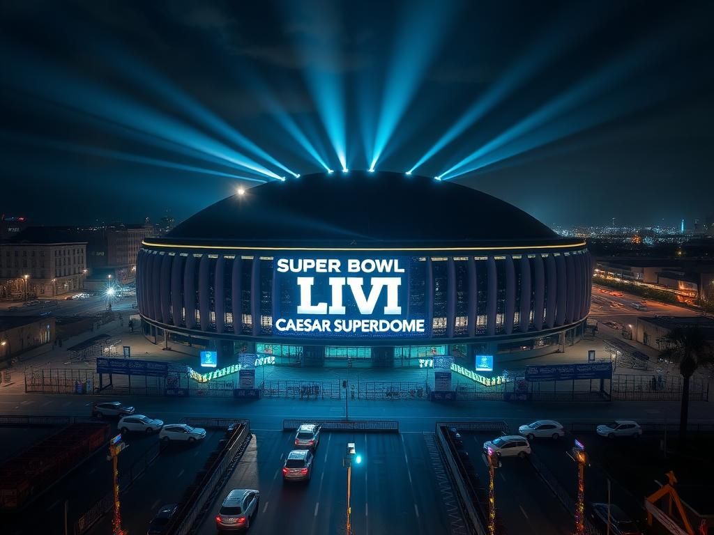 Flick International Overhead view of Caesars Superdome at night with security barriers and personnel