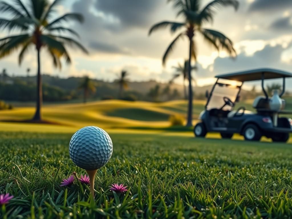 Flick International Golf course at dawn with a golf ball on a tee