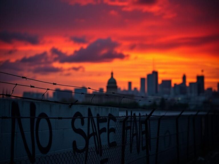 Flick International Urban landscape at dusk with graffiti saying 'No Safe Haven' symbolizing tension between law enforcement and sanctuary cities