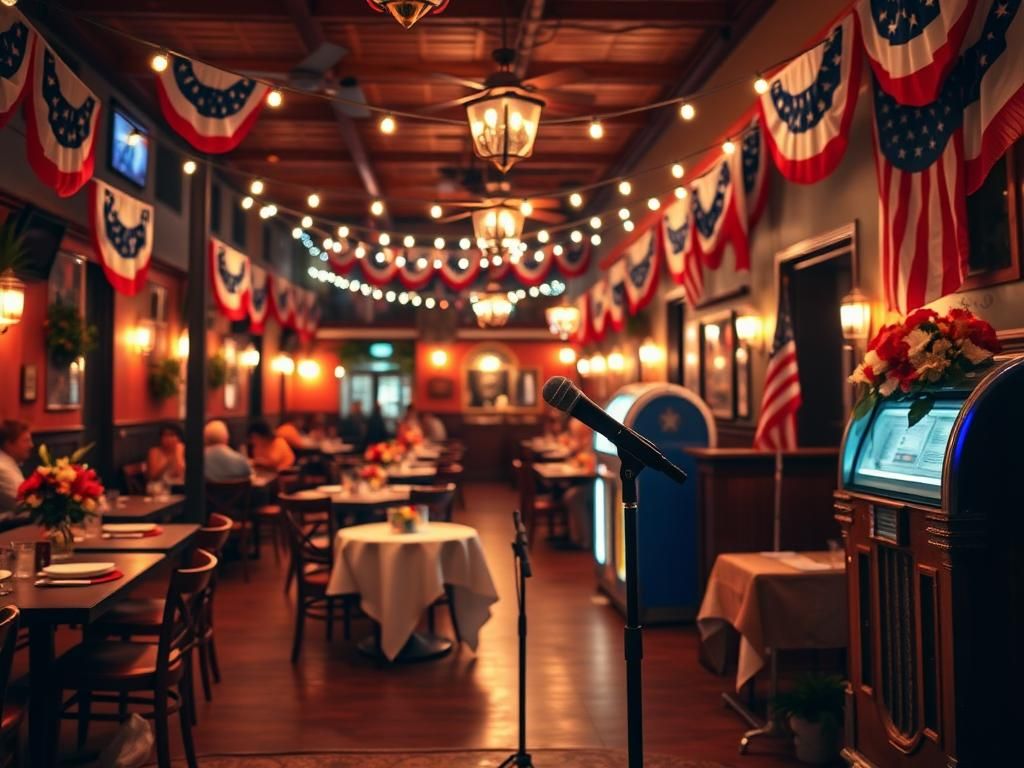 Flick International Eli Manning leading a joyful crowd in singing 'God Bless America' at a vibrant New Orleans restaurant during Super Bowl week