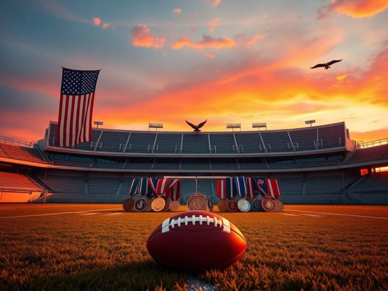 Flick International Empty football stadium adorned with American flags and military medals symbolizing service