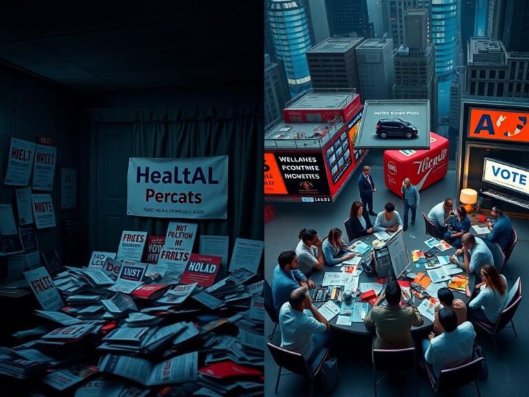 Flick International A split-screen image contrasting a dimly lit room of empty campaign posters with a vibrant cityscape