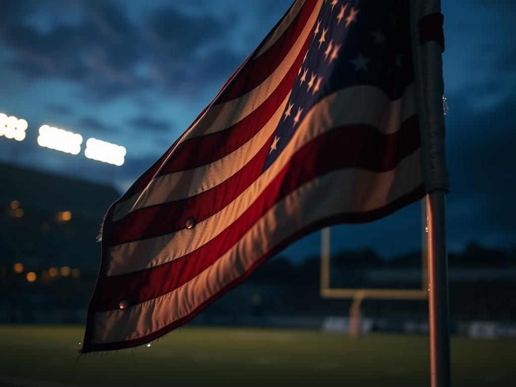 Flick International Close-up of a weathered American flag symbolizing emotion and sacrifice during the national anthem.