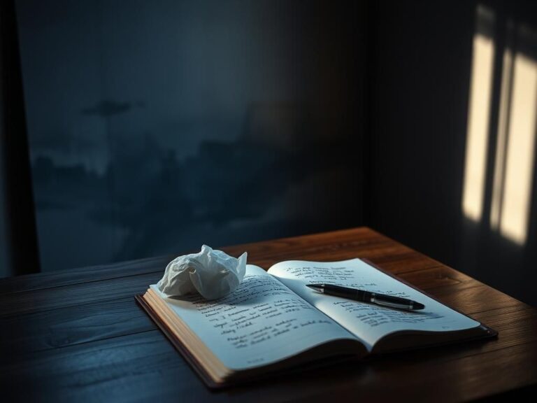 Flick International A dimly lit room with a crumpled tissue and an open journal, symbolizing emotional struggle