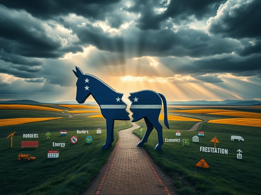 Flick International A symbolic representation of a divided Democratic party featuring a cracked donkey in blue and gray