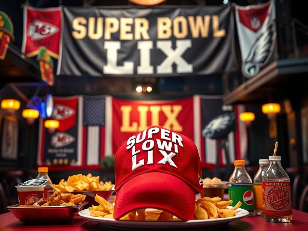 Flick International Red 'Make America Great Again' cap on a table during Super Bowl LIX party