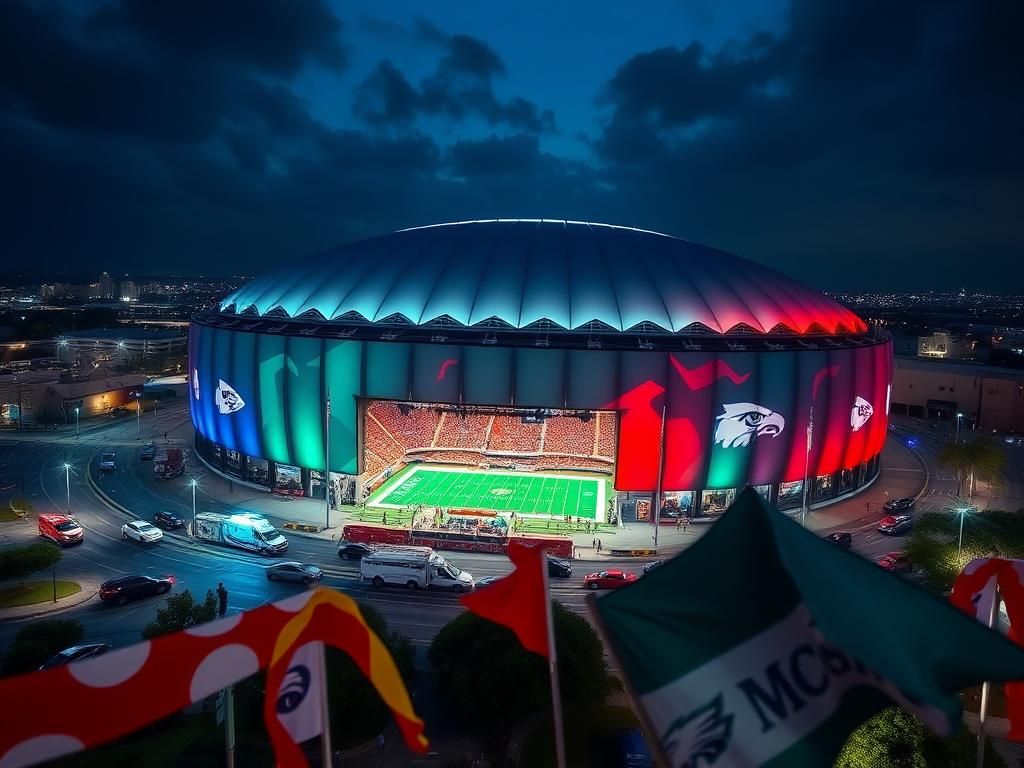 Flick International Aerial view of the Superdome in New Orleans during the Super Bowl, showcasing vibrant team colors.