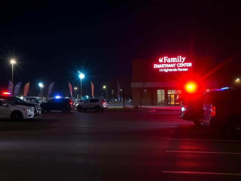 Flick International Nighttime scene outside family entertainment center with police lights and deserted parking lot