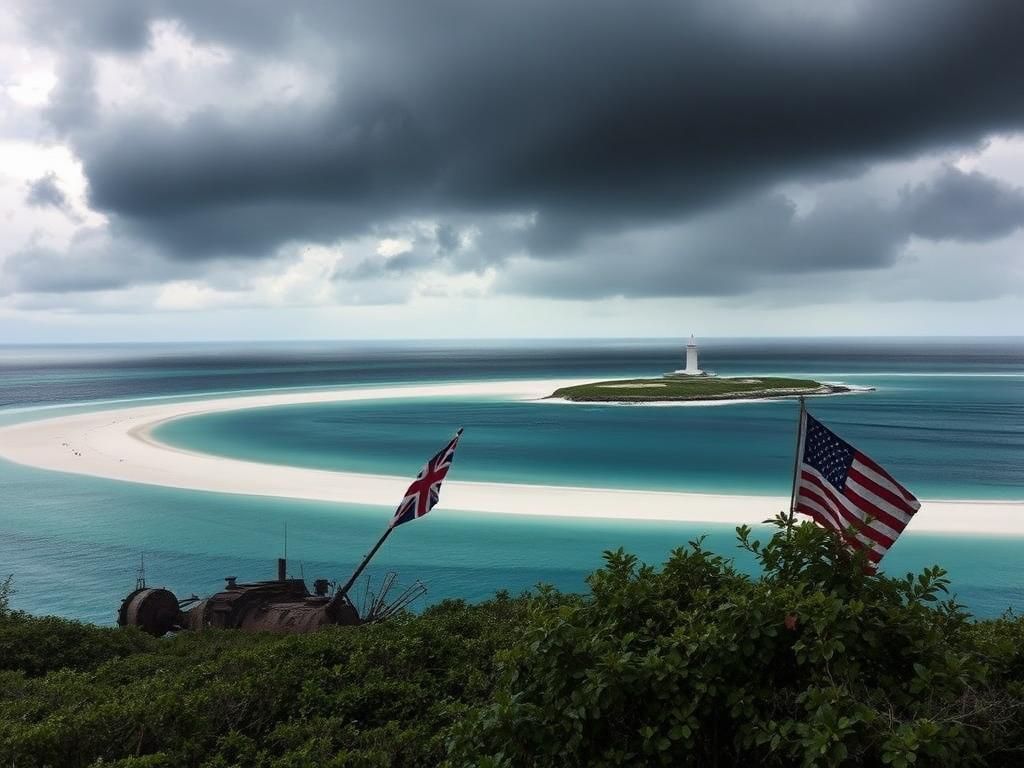 Flick International Dramatic landscape of the Chagos Islands with a pristine beach and stormy skies