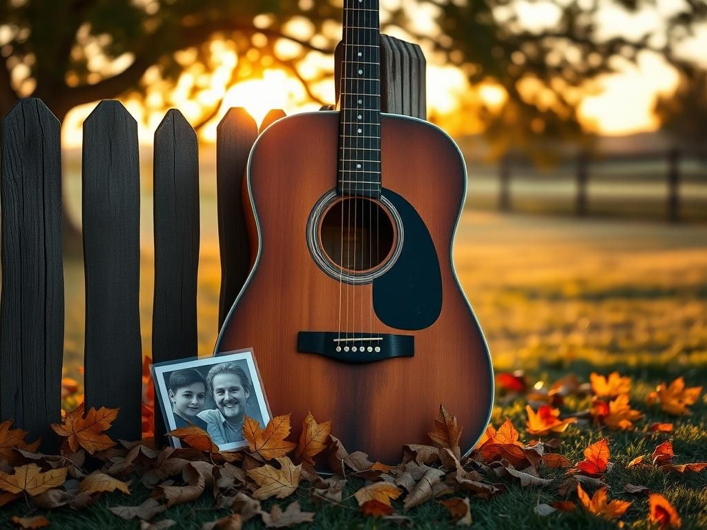 Flick International Weathered acoustic guitar resting against a wooden fence surrounded by autumn leaves