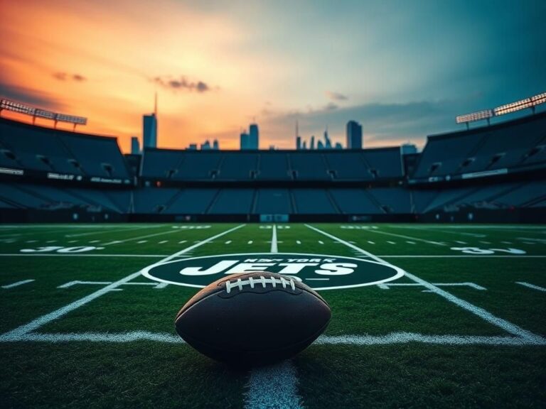 Flick International A dramatic football field at dusk showcasing the New York Jets logo