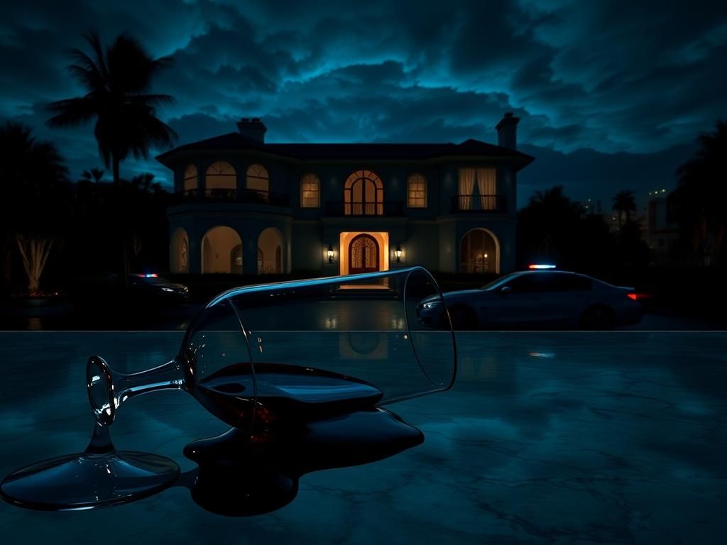 Flick International A dark and eerie nighttime scene of a luxurious Beverly Hills mansion with a tipped-over wine glass, symbolizing a party gone wrong.