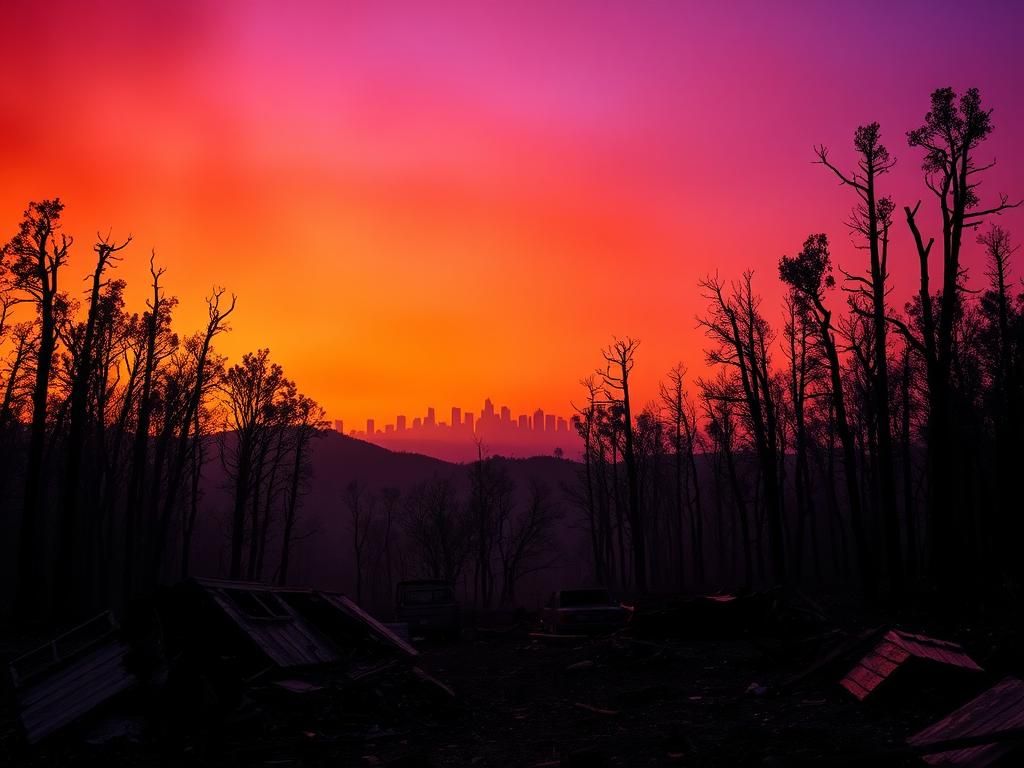 Flick International Dramatic landscape of a burned forest with charred trees and remnants of fire-damaged structures